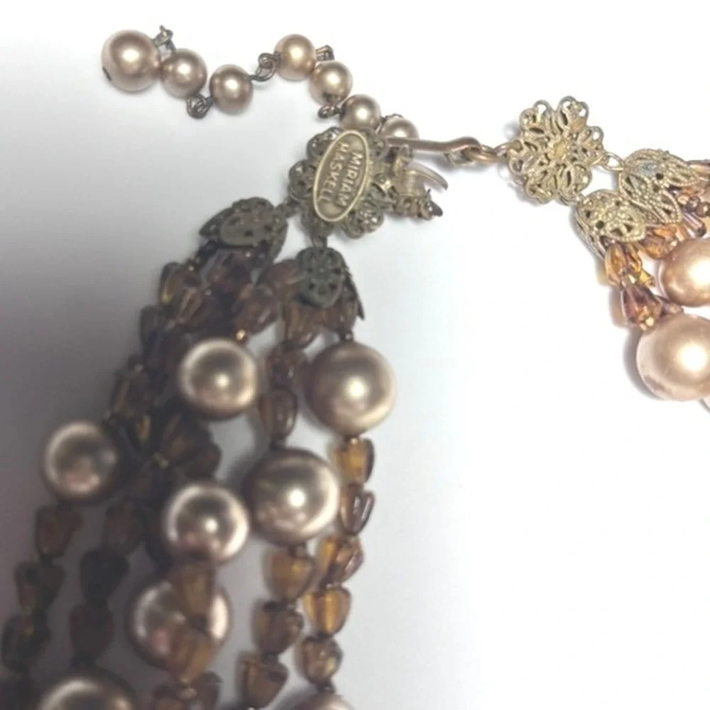Vintage Miriam Haskell 5-Strand Necklace Amber Glass Pearl Signed Designer 50s
